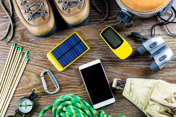 Outdoor hiking boots, compass, binoculars and camping supplies